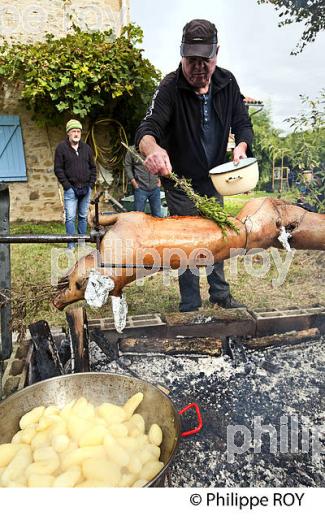 CUISSON DU COCHON  DE LAIT A LA BROCHE, FESTIVAL DU VERBE,  LES AMIS DU VERBE,  VILLAGE DE LAFITTE-LATOUPIERE ,   COMMINGES. (31F02404.jpg)