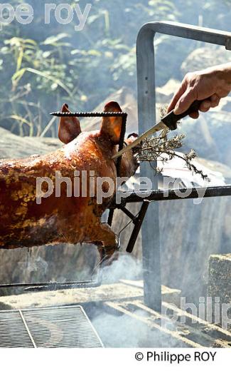 CUISSON DU COCHON  DE LAIT A LA BROCHE, FESTIVAL DU VERBE,  LES AMIS DU VERBE,  VILLAGE DE LAFITTE-LATOUPIERE ,   COMMINGES. (31F02406.jpg)