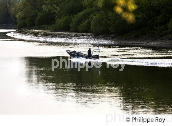 PECHEUR EN  BATEAU A MOTEUR SUR LA DORDOGNE A VIGNONET, JURIDICTION DE SAINT-EMILION, GIRONDE. (33F31818.jpg)