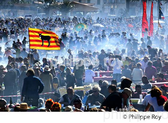 DEJEUNER SUR LA PLAGE, FETE DES VENDANGES, BANYULS SUR MER, COTE VERMEILLE, ROUSSILLON, CATALOGNE. (66F02433.jpg)